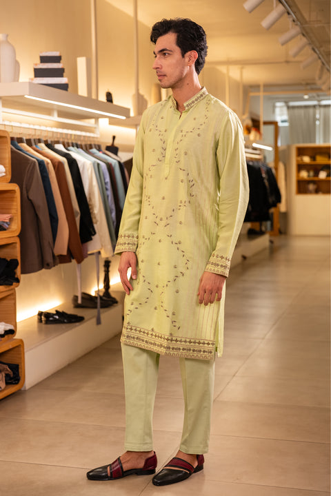 Omara — Lime Green Hand Embroidered Falling Raw Silk Kurta