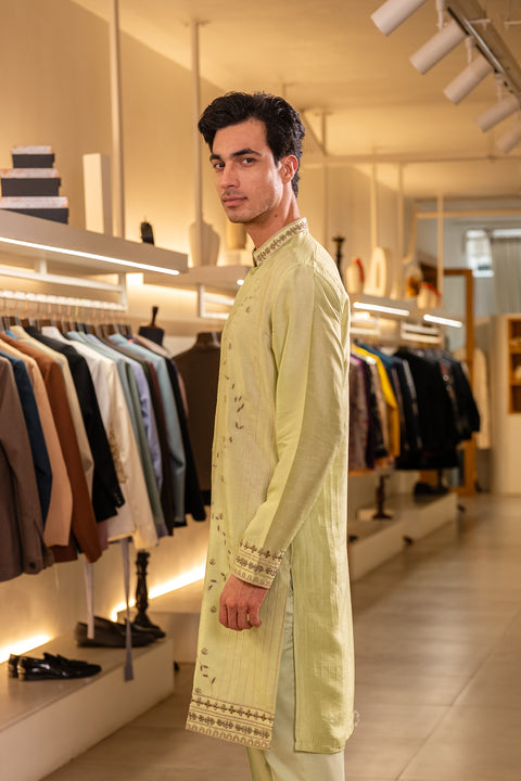 Omara — Lime Green Hand Embroidered Falling Raw Silk Kurta