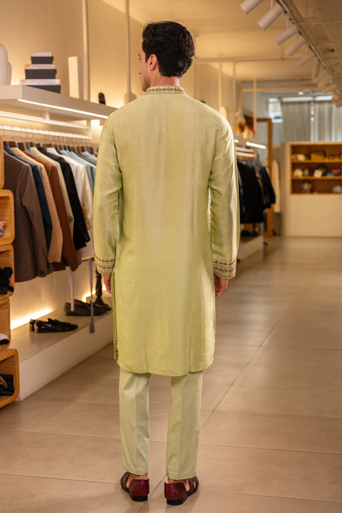 Omara — Lime Green Hand Embroidered Falling Raw Silk Kurta