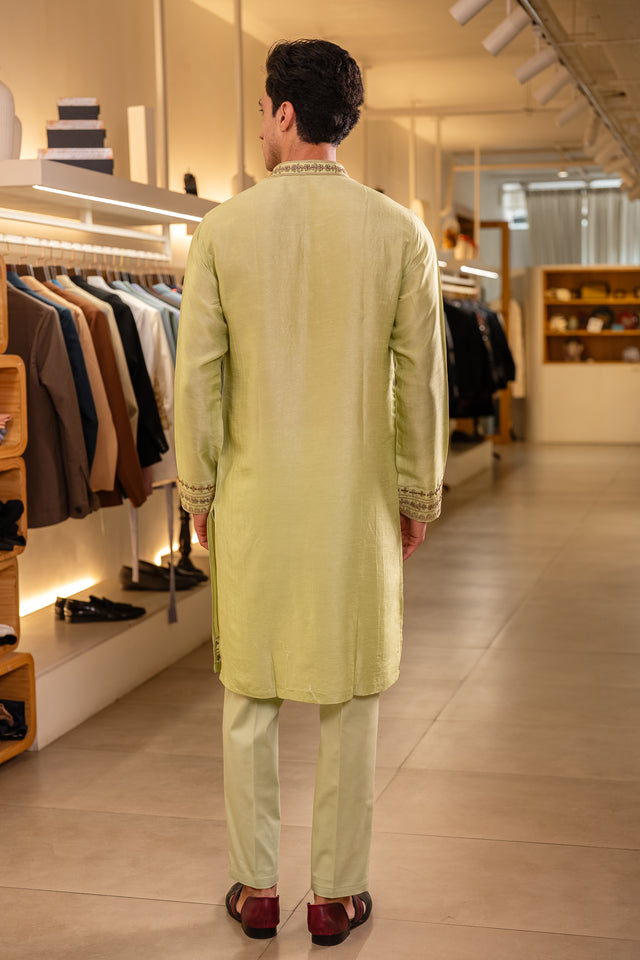 Omara — Lime Green Hand Embroidered Falling Raw Silk Kurta