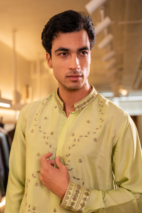 Omara — Lime Green Hand Embroidered Falling Raw Silk Kurta