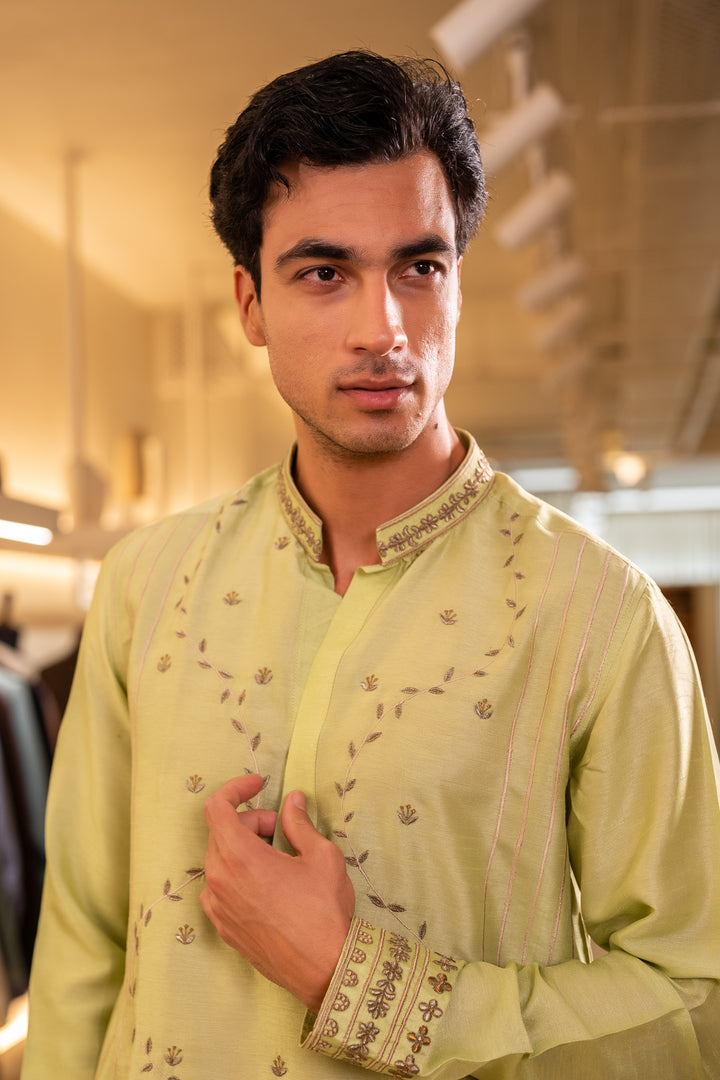 Omara — Lime Green Hand Embroidered Falling Raw Silk Kurta