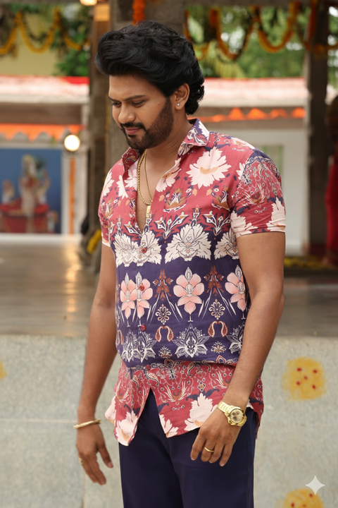 Blossencia — Vibrant Red & Navy Blue Printed Cotton Satin Shirt