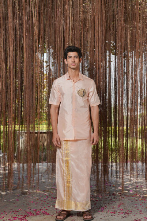 Mayura Kanjivaram — Light Pink Peacock Hand Embroidered Kanjivaram Pattu Silk Shirt & Lungi Set