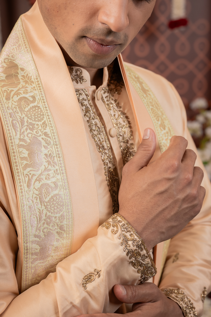 Vihaan — Pastel Peach Hand Embroidered Placket &amp; Figured Zari Brocade Border Semi Pattu Kurta + Dhoti &amp; Kanduva Set
