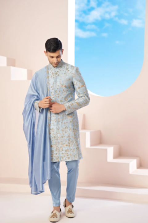 Luxavia — Blue Hand Embroidered Raw Silk Sherwani