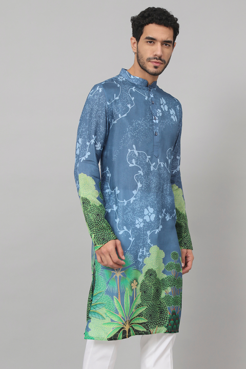 Vriksh — Blue Tree Bark Print Silk Kurta