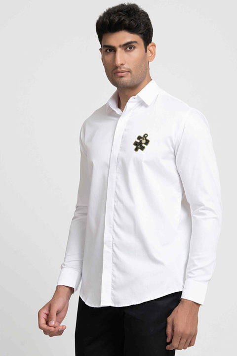 Riddle — White Hand Embroidered Giza Cotton Shirt