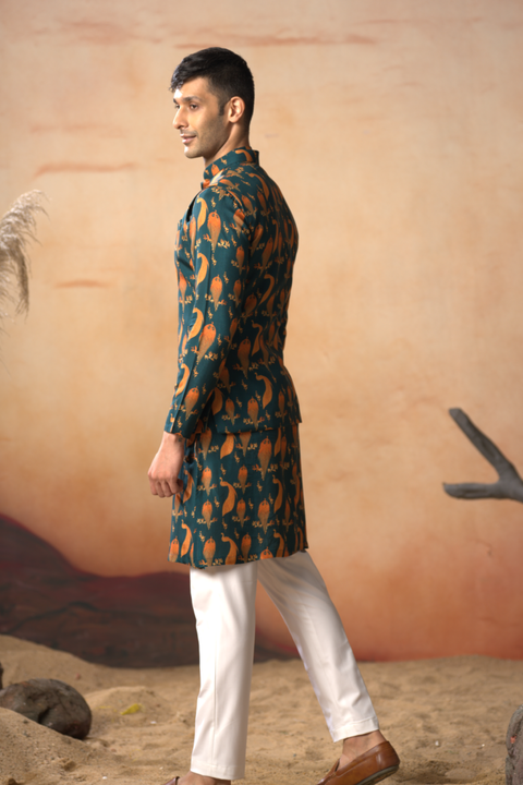 Tealock — Green Nature Printed Cotton Satin Nehru Jacket Set