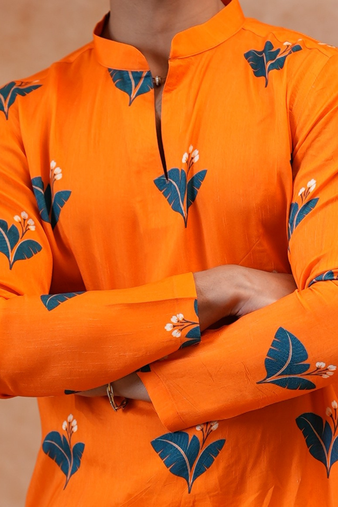 Citrus Bloom — Orange Leaf Sprig Printed Falling Raw Silk Kurta