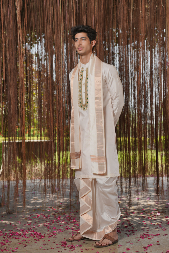 Pushkaram Kanjivaram — Cream Hand Embroidered Kanjivaram Pattu Silk Kurta Set