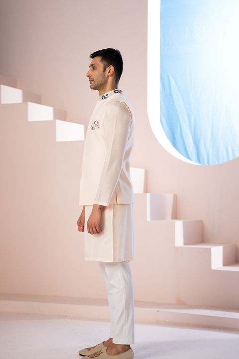 Peach Elephant — Peach Thread Embroidered Semi Raw Silk Nehru Jacket