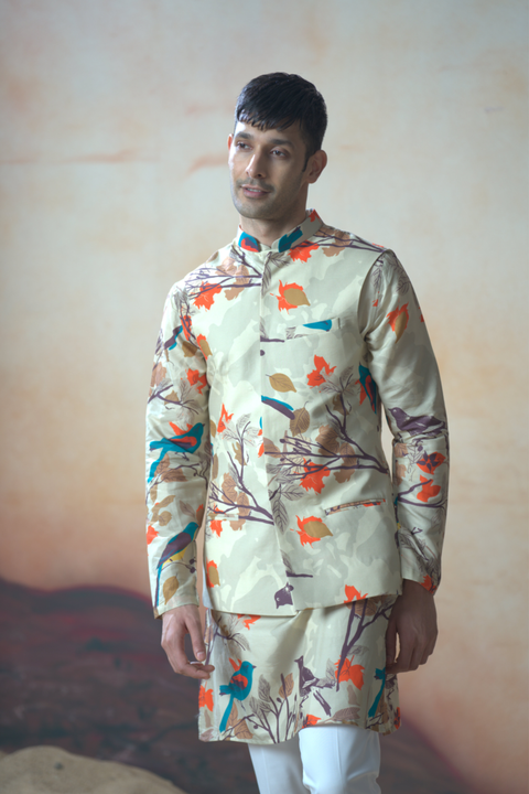 Avescape — Beige Nature Printed Cotton Satin Nehru Jacket Set