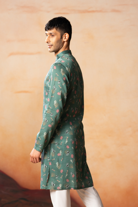 Green Floral — Green Floral Print Cotton Kurta