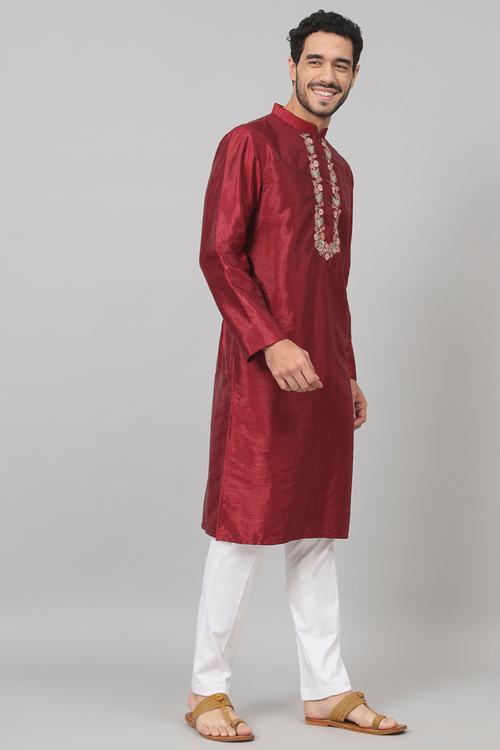 Claret — Maroon Embroidered Semi Raw Silk Kurta