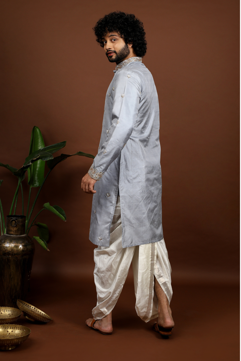 Gracia — Grey & Cream Hand Embroidered Kanjivaram Pattu Kurta Set