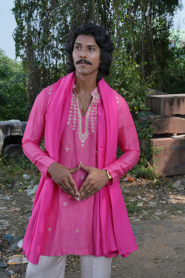 Guleri — Rani Pink Thread Embroidered Falling Raw Silk Kurta