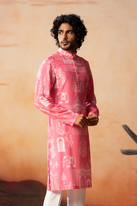 Arco — Pink Botanical Print Russian Silk Kurta