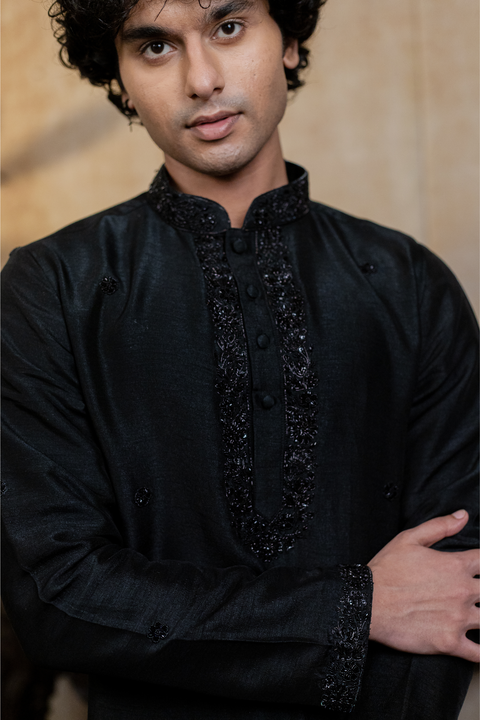 Kajal Phool — Black Floral Embroidered Falling Raw Silk Kurta