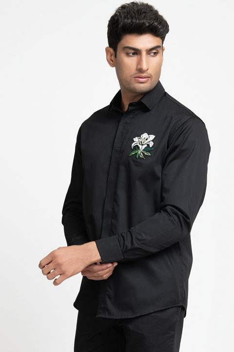 Leafy Petal — Black Hand Embroidered Giza Cotton Shirt