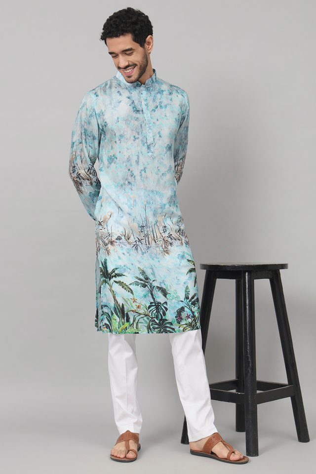 Sepia — Blue Palm Tree Print Silk Kurta