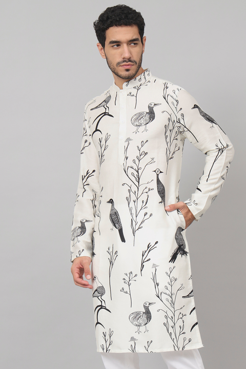 Feathered — White Feather Print Cotton Kurta