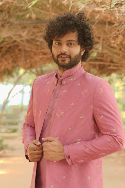 Frein — Dusty Pink Hand Embroidered Dupion Silk Indo-Western Set