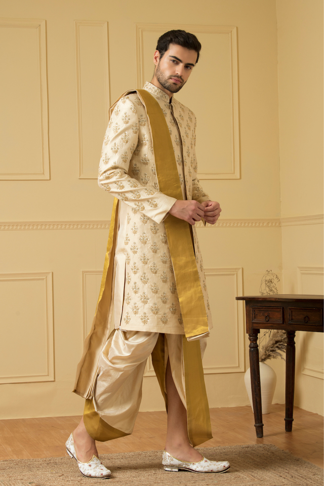 Esplendor — Off White Gold Hand Embroidered Dupion Silk Sherwani
