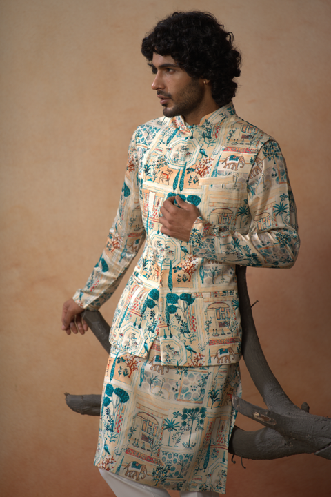 Vanya — Ivory Nature Printed Russian Silk Nehru Jacket Set