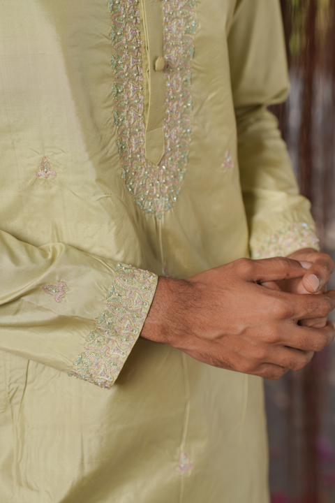 Thirunaal Kanjivaram — Olive Thread Embroidered Kanjivaram Pattu Silk Kurta Set
