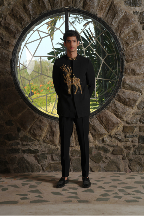 Winter Crest — Black Gold Zardozi British Suede Suiting Bandhgala