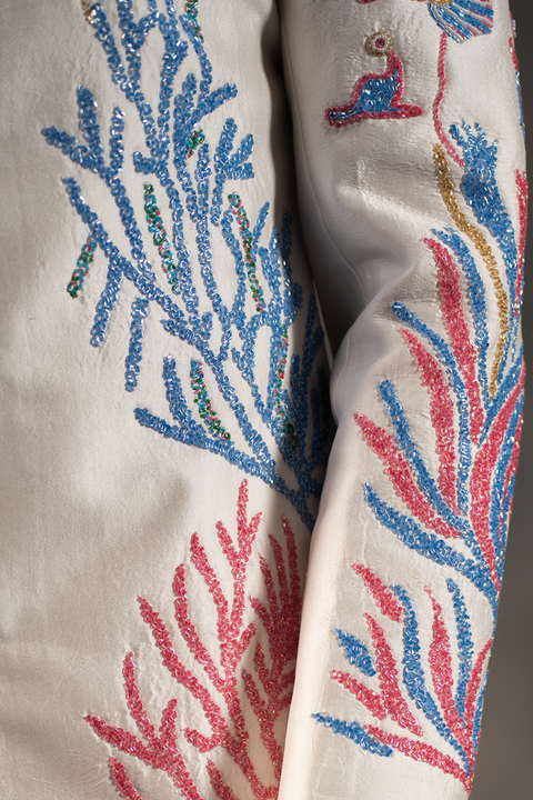 Aqua Marine — Off White Hand Embroidered Dupion Silk Sherwani