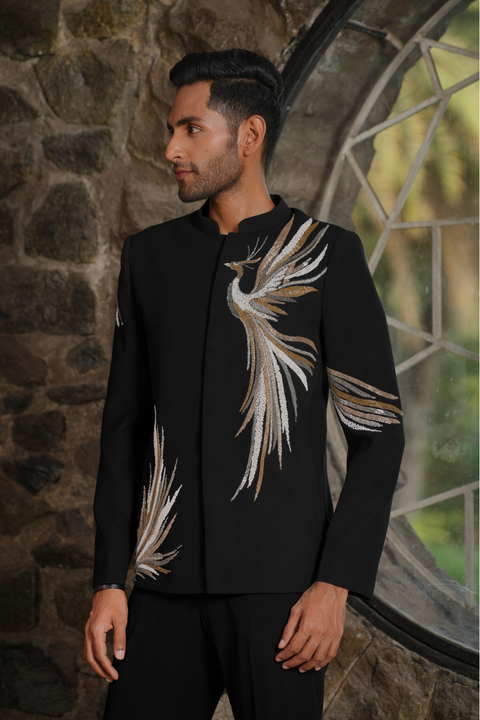 Skyflare — Black Metallic Peacock Embroidered British Suede Suiting Bandhgala