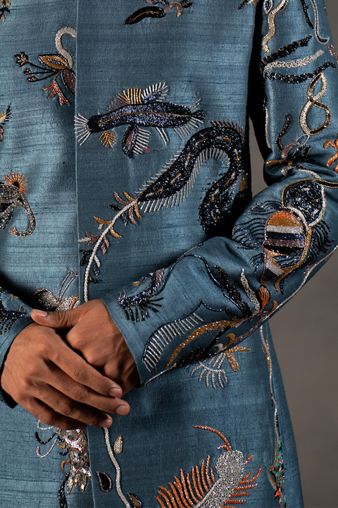 Oceanic Depths — Blue Hand Embroidered Raw Silk Sherwani