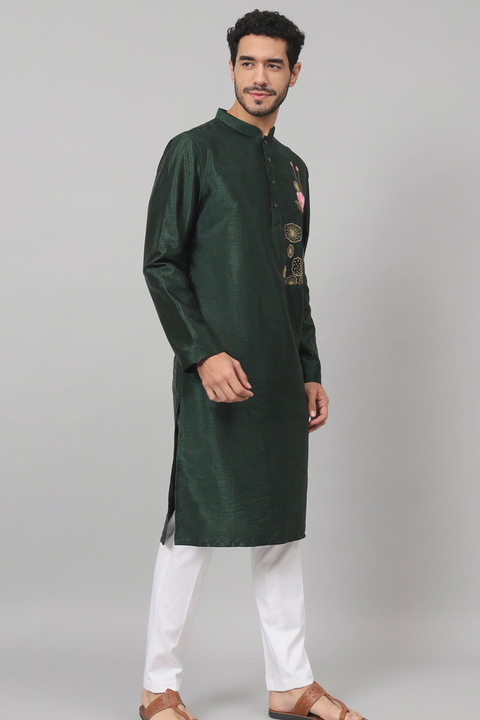 Varen — Green Embroidered Semi Raw Silk Kurta