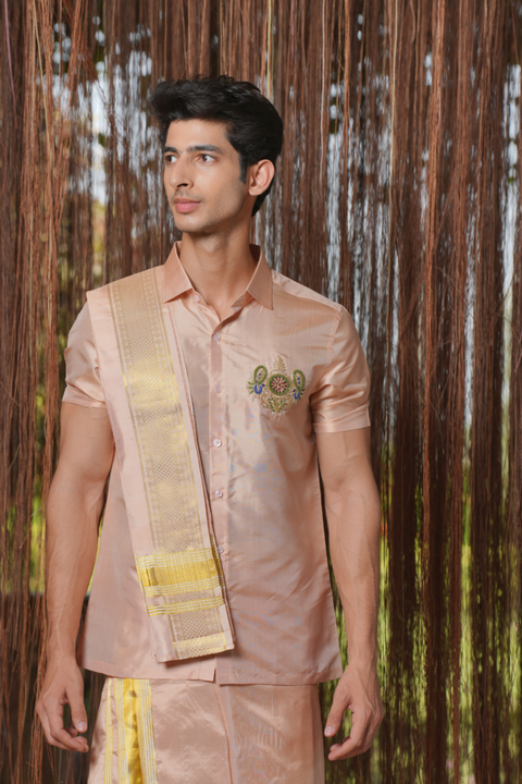 Ratna Kanjivaram — Blush Hand Embroidered Kanjivaram Pattu Silk Shirt & Lungi Set