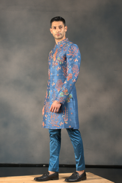 Coral Vogue — Blue Hand Embroidered Raw Silk Sherwani