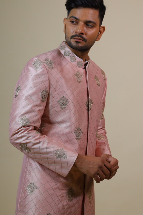 Light Coral — Coral Hand Embroidered Raw Silk Sherwani