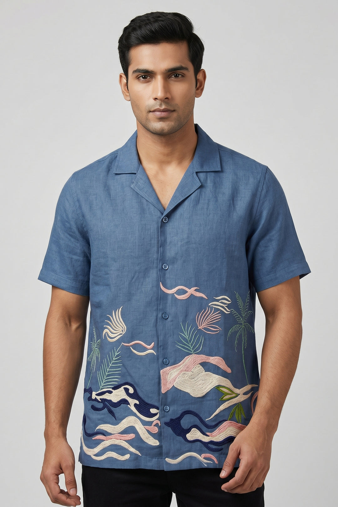 Deep blue linen shirt with artisan thread ocean and palm embroidery — Mirage by HILO DESIGN