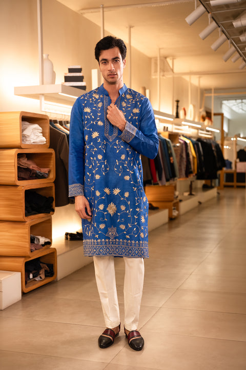Pallav — Royal Blue Hand Embroidered Falling Raw Silk Kurta
