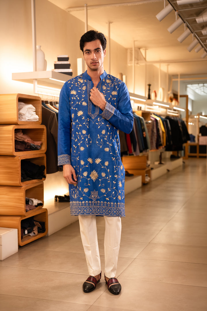Pallav — Royal Blue Hand Embroidered Falling Raw Silk Kurta