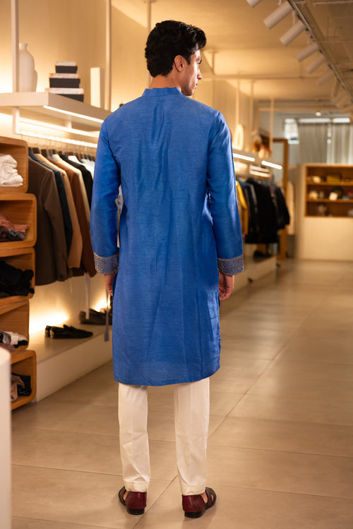 Pallav — Royal Blue Hand Embroidered Falling Raw Silk Kurta