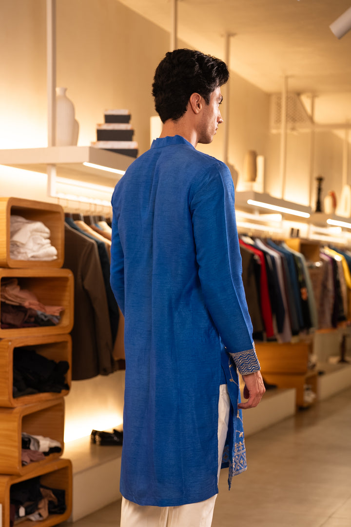 Pallav — Royal Blue Hand Embroidered Falling Raw Silk Kurta