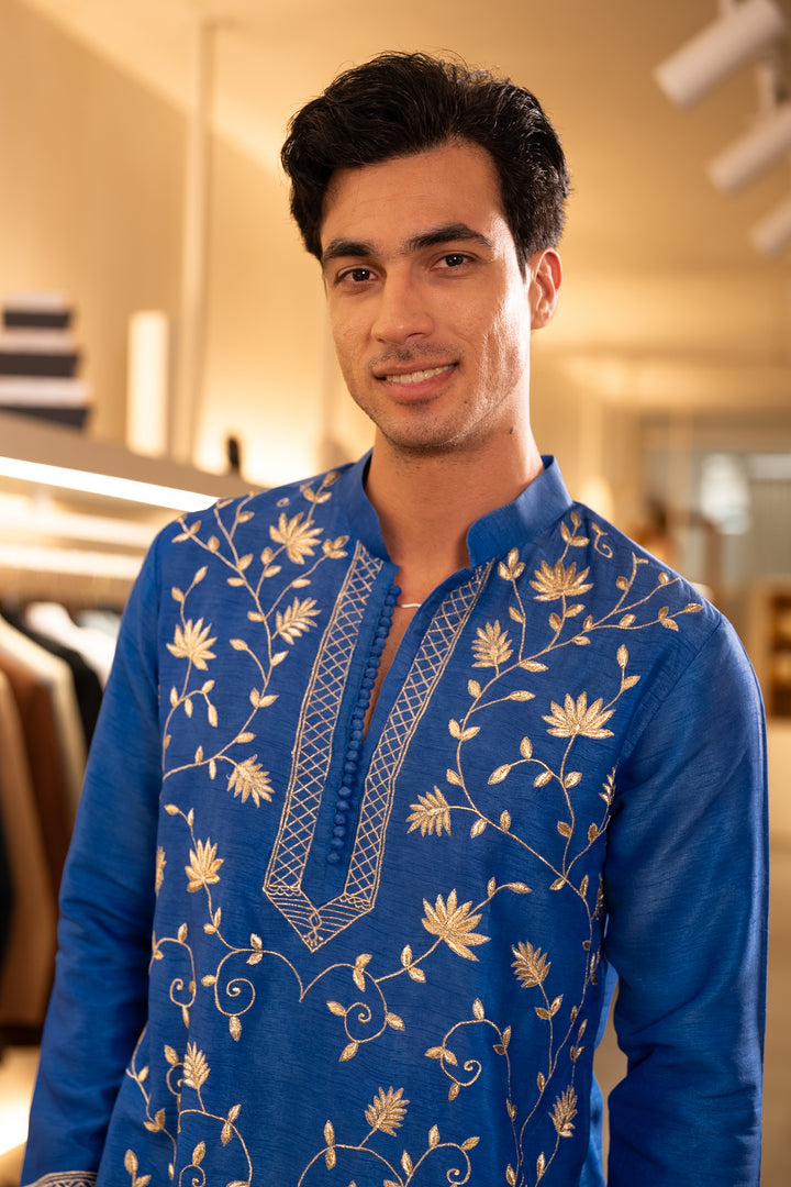 Pallav — Royal Blue Hand Embroidered Falling Raw Silk Kurta