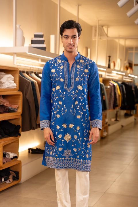 Pallav — Royal Blue Hand Embroidered Falling Raw Silk Kurta