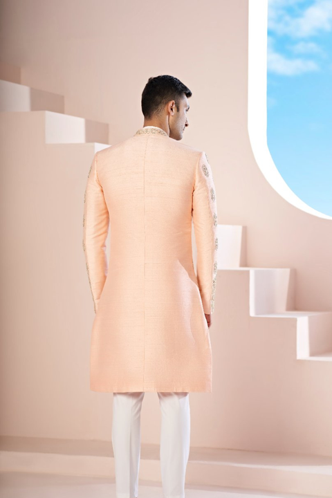 Vexella — Peach Hand Embroidered Raw Silk Sherwani