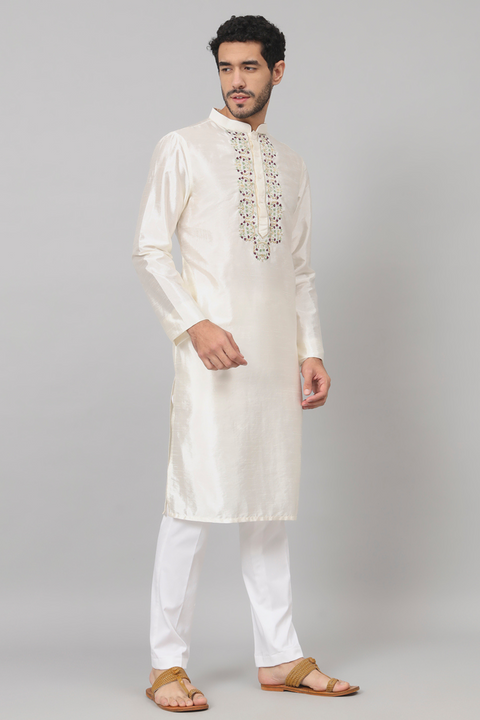 Rein — Off White Embroidered Falling Raw Silk Kurta