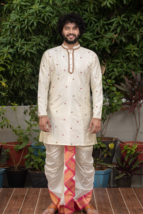 Classic Hand Embroidery — Off-White Pink-Thread Zardozi Pattu Kurta Set