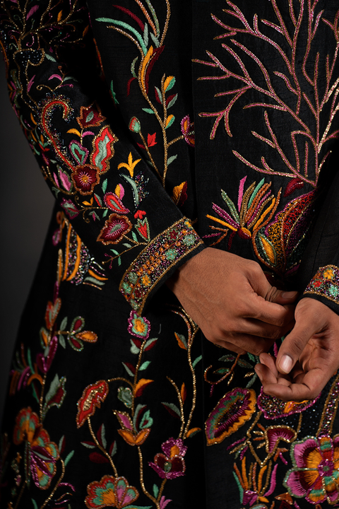 Black Tides — Black Hand Embroidered Raw Silk Sherwani