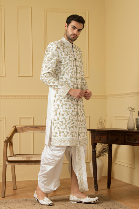 Verde — Off White Hand Embroidered Dupion Silk Sherwani